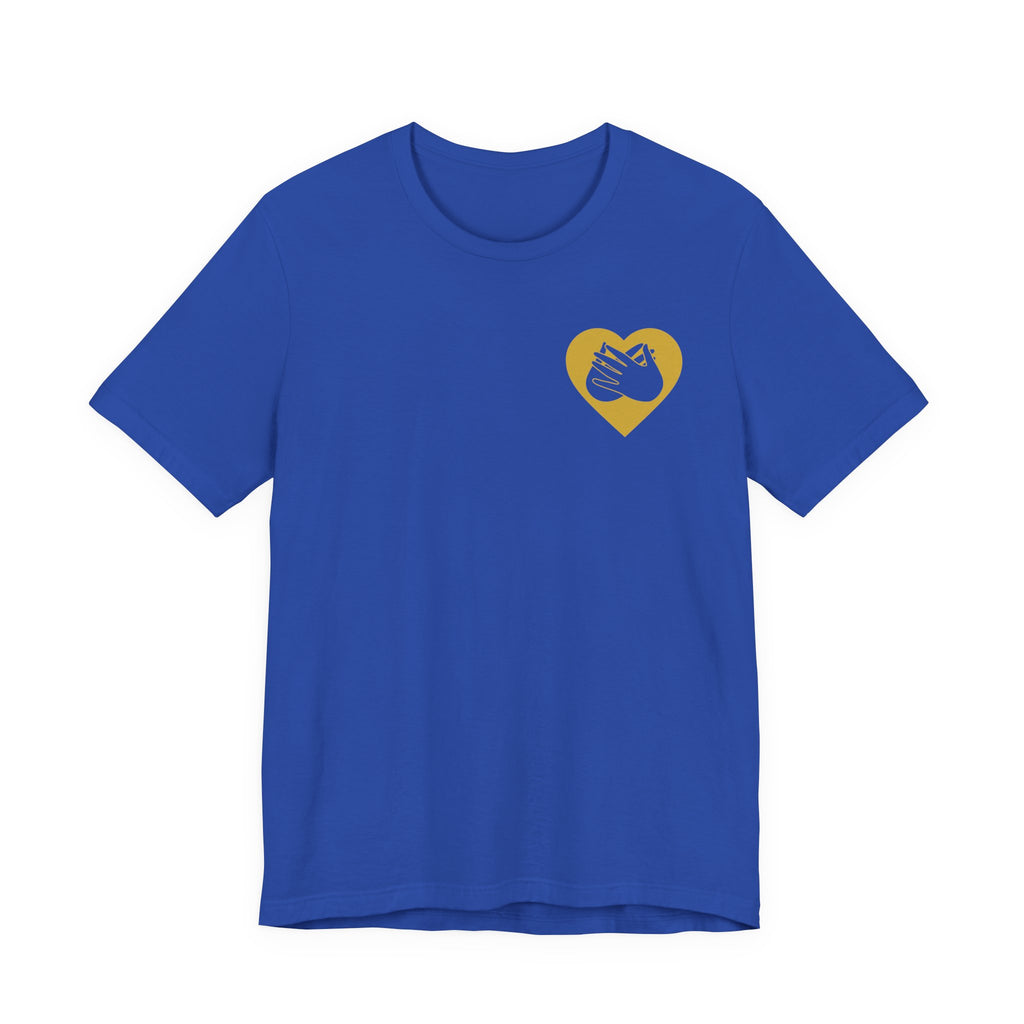 Front view of a true royal T-Shirt showing a gold coloured heart and the iconic BSL Love sign embedded in it on the left side of the chest