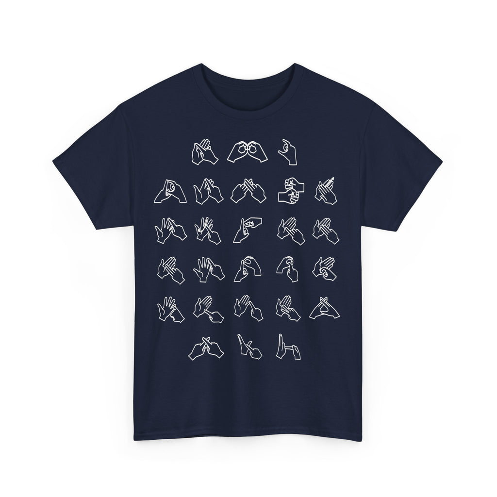Front view of a Navy t-shirt with BSL Alphabet - White Fingerspelling