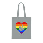 Grey Tote Bag showing a Pride coloured heart and the iconic ASL I Love You sign embedded in it