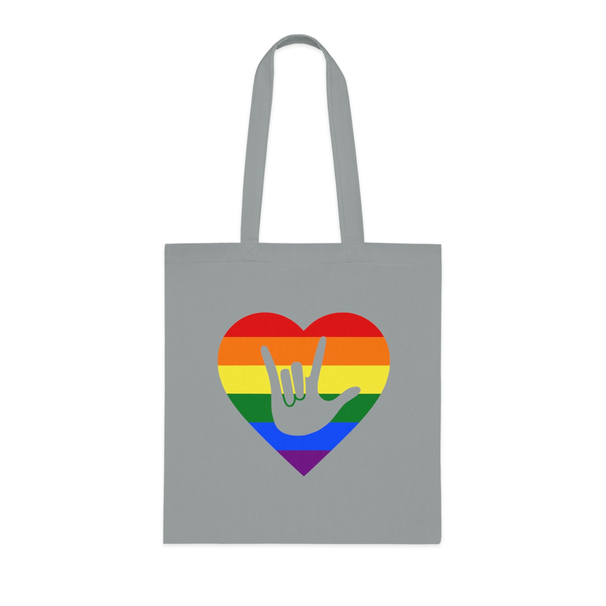 Grey Tote Bag showing a Pride coloured heart and the iconic ASL I Love You sign embedded in it