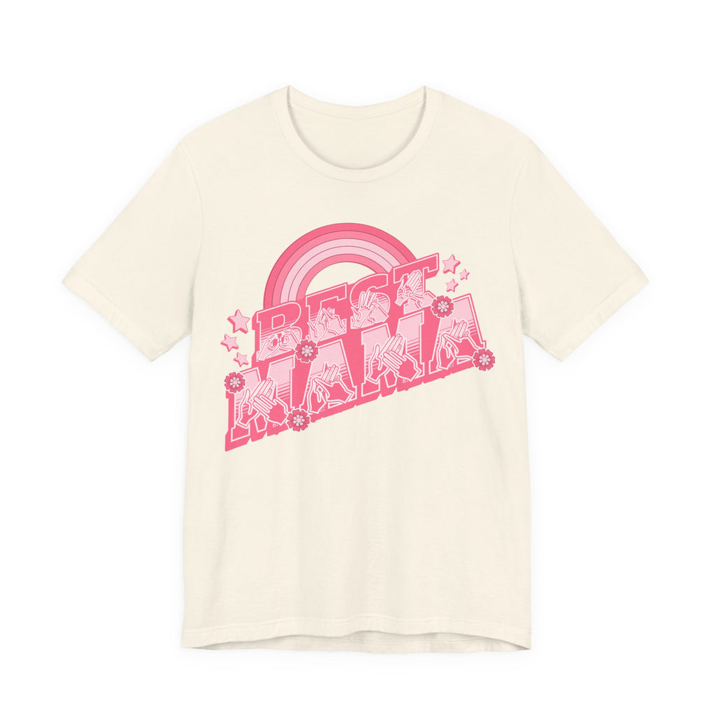 Natural T-shirt with ‘Best Mama’ shown in BSL fingerspelling and text, with rainbow, stars, and floral accents