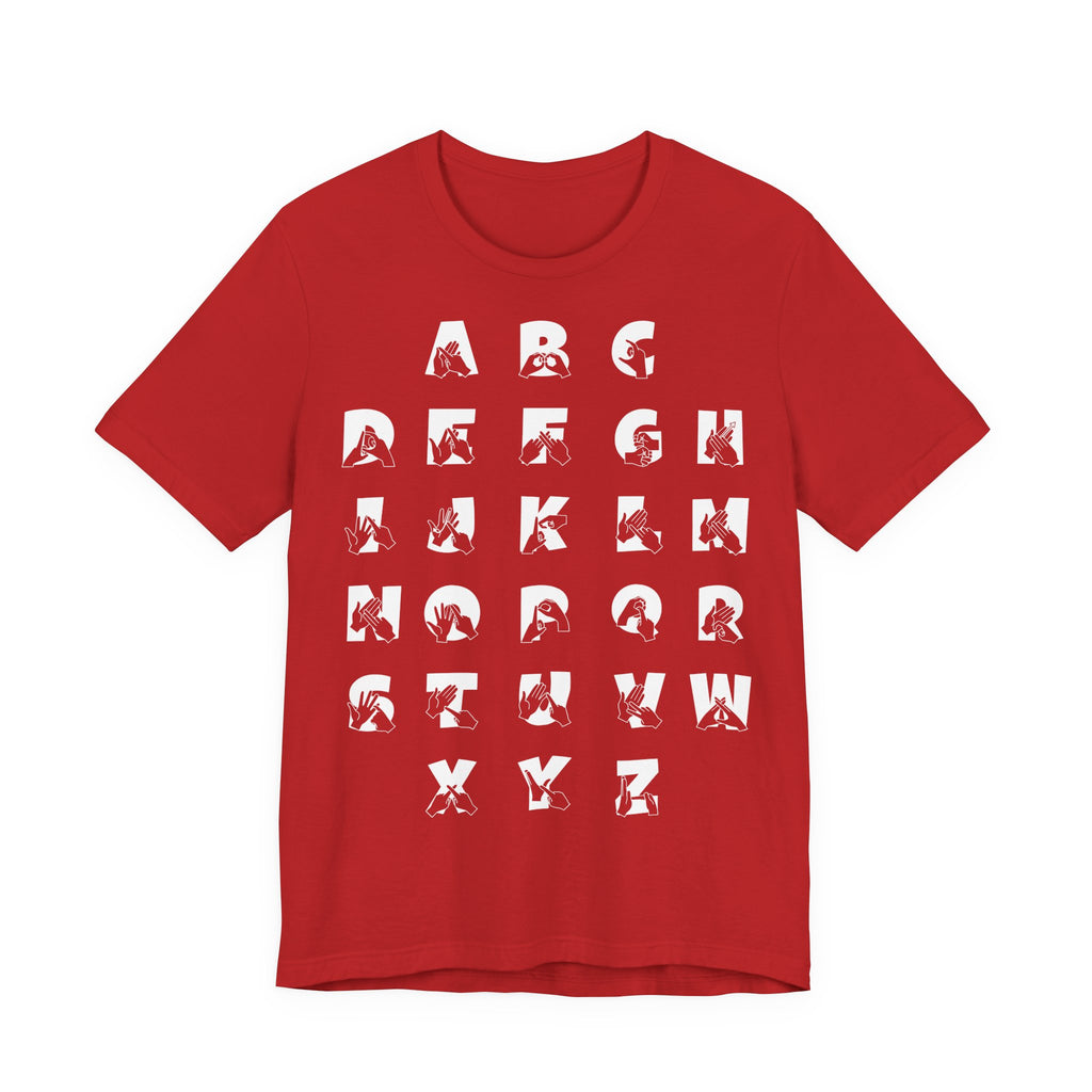 Front view of a red t-shirt with BSL Alphabet - White Fingerspelling & Text