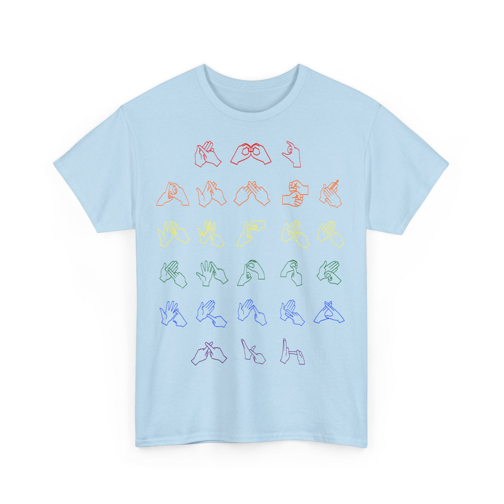 Front view of a light blue t-shirt with BSL Alphabet - Pride Fingerspelling