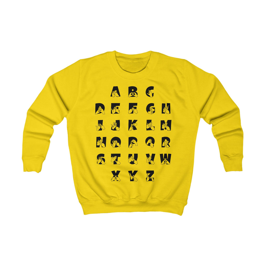 Front view of a sun yellow sweatshirt with BSL Alphabet - Black Fingerspelling & Text