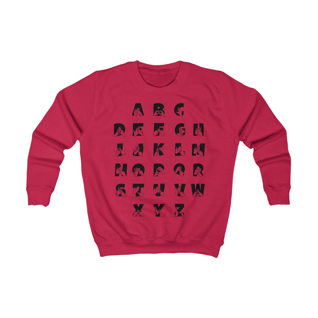 Front view of a fire red sweatshirt with BSL Alphabet - Black Fingerspelling & Text