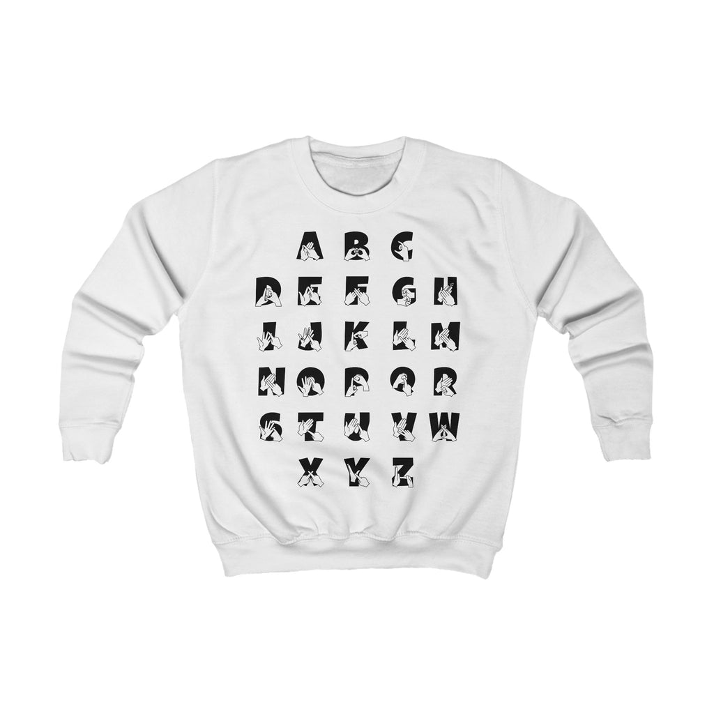 Front view of a arctic white sweatshirt with BSL Alphabet - Black Fingerspelling & Text