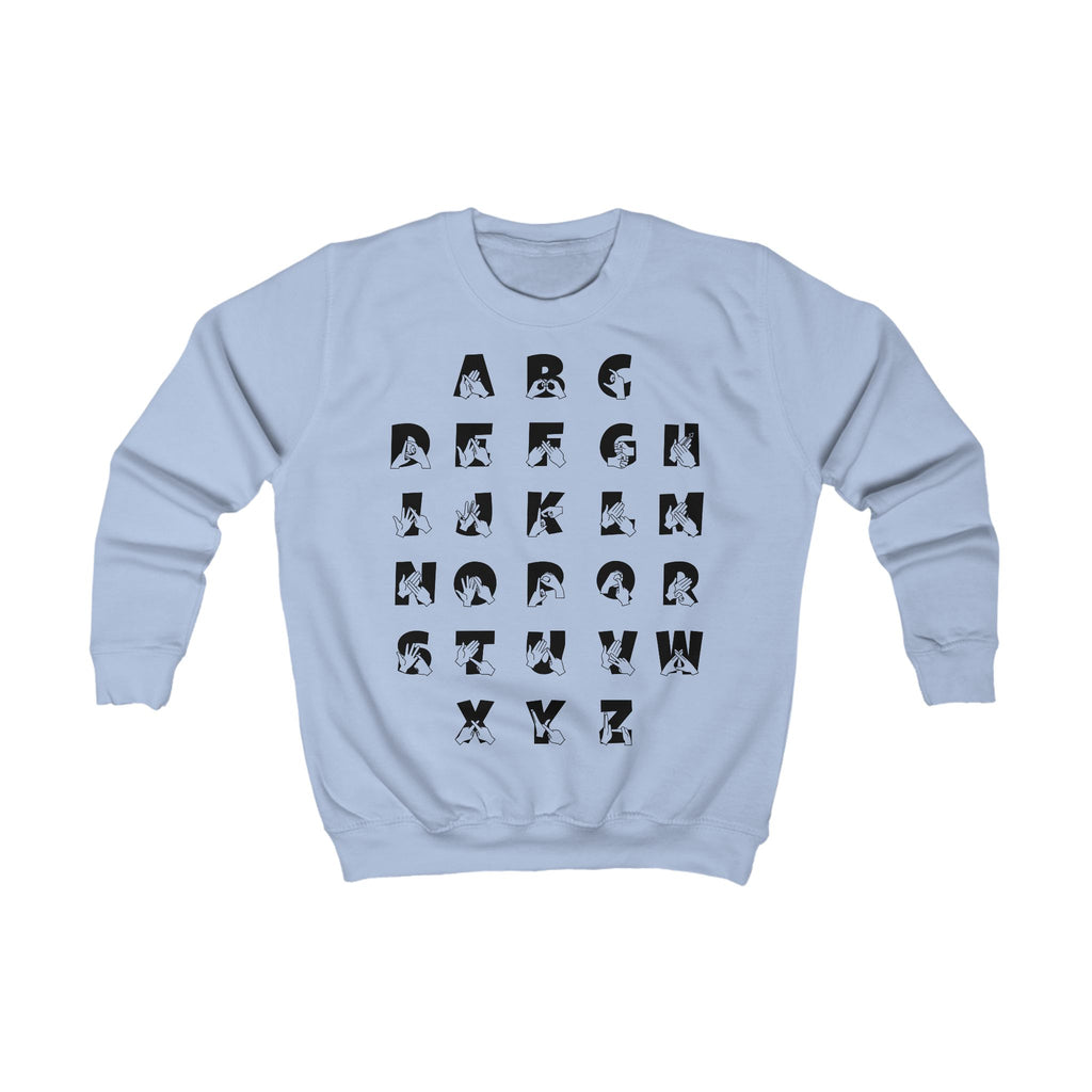 Front view of a sky blue sweatshirt with BSL Alphabet - Black Fingerspelling & Text