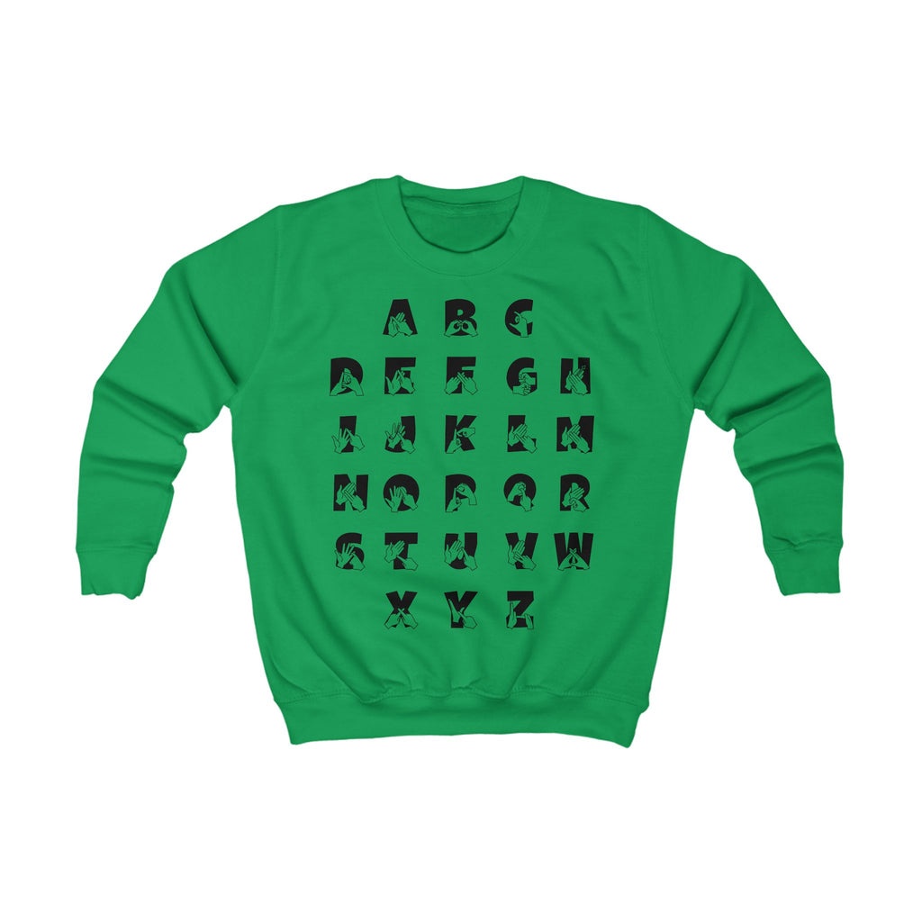 Front view of a kelly green sweatshirt with BSL Alphabet - Black Fingerspelling & Text