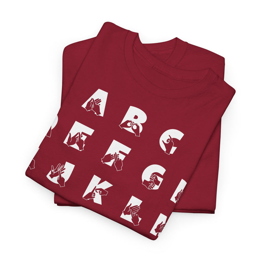 Folded Cardinal Red t-shirt with BSL Alphabet - White Fingerspelling & Text
