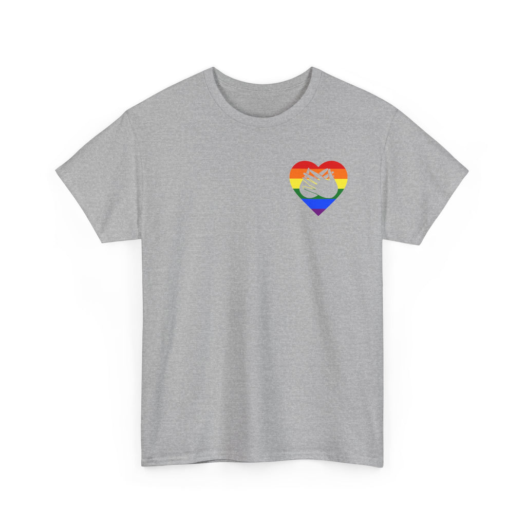Front view of a sport grey T-Shirt showing a pride coloured heart and the iconic BSL Love sign embedded in it on the left side of the chest