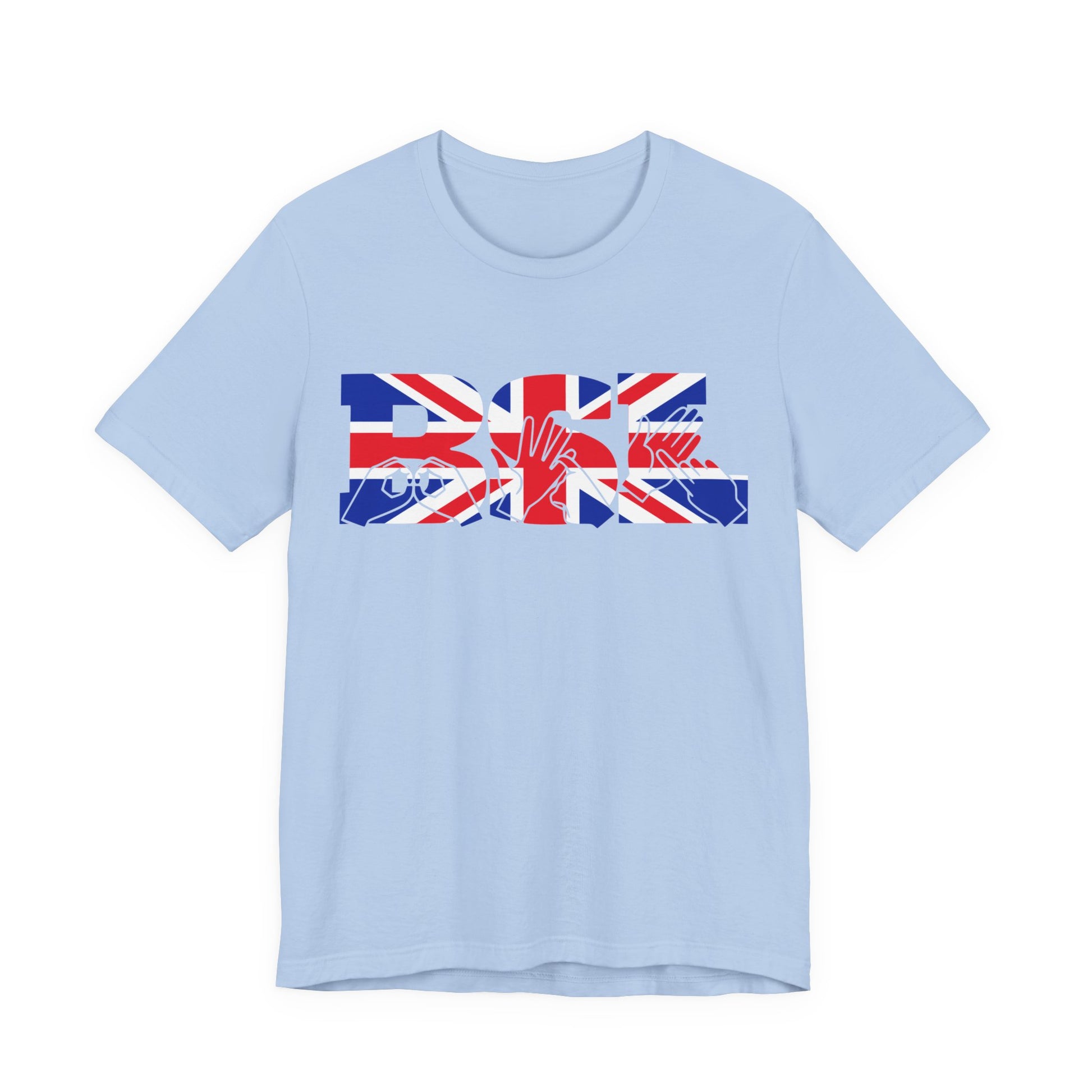 Baby blue t-shirt with ‘BSL’ shown in British Sign Language fingerspelling and text, in red, white, and blue Union Flag colours