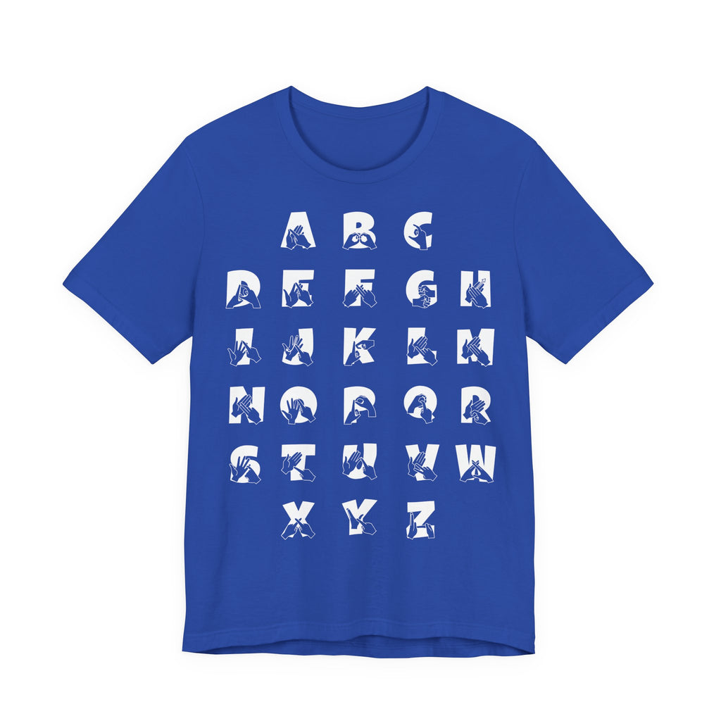 Front view of a true royal t-shirt with BSL Alphabet - White Fingerspelling & Text