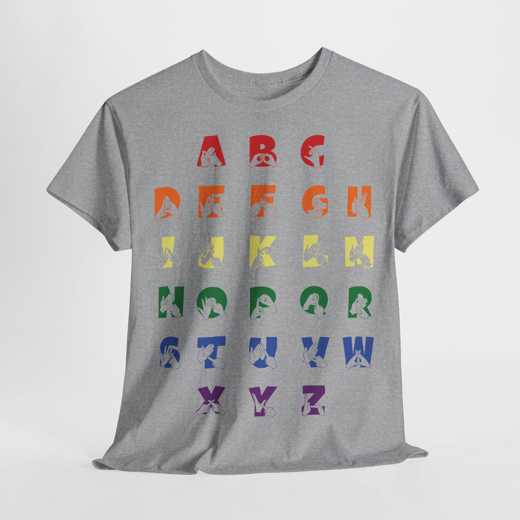 Front view of a Sport Grey t-shirt with BSL Alphabet - Pride Fingerspelling & Text on a light grey background