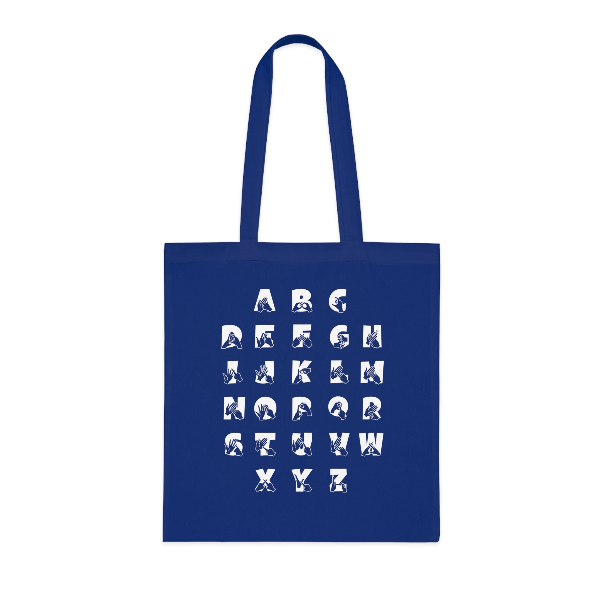 Royal blue Tote Bag with BSL Alphabet - White Fingerspelling & Text