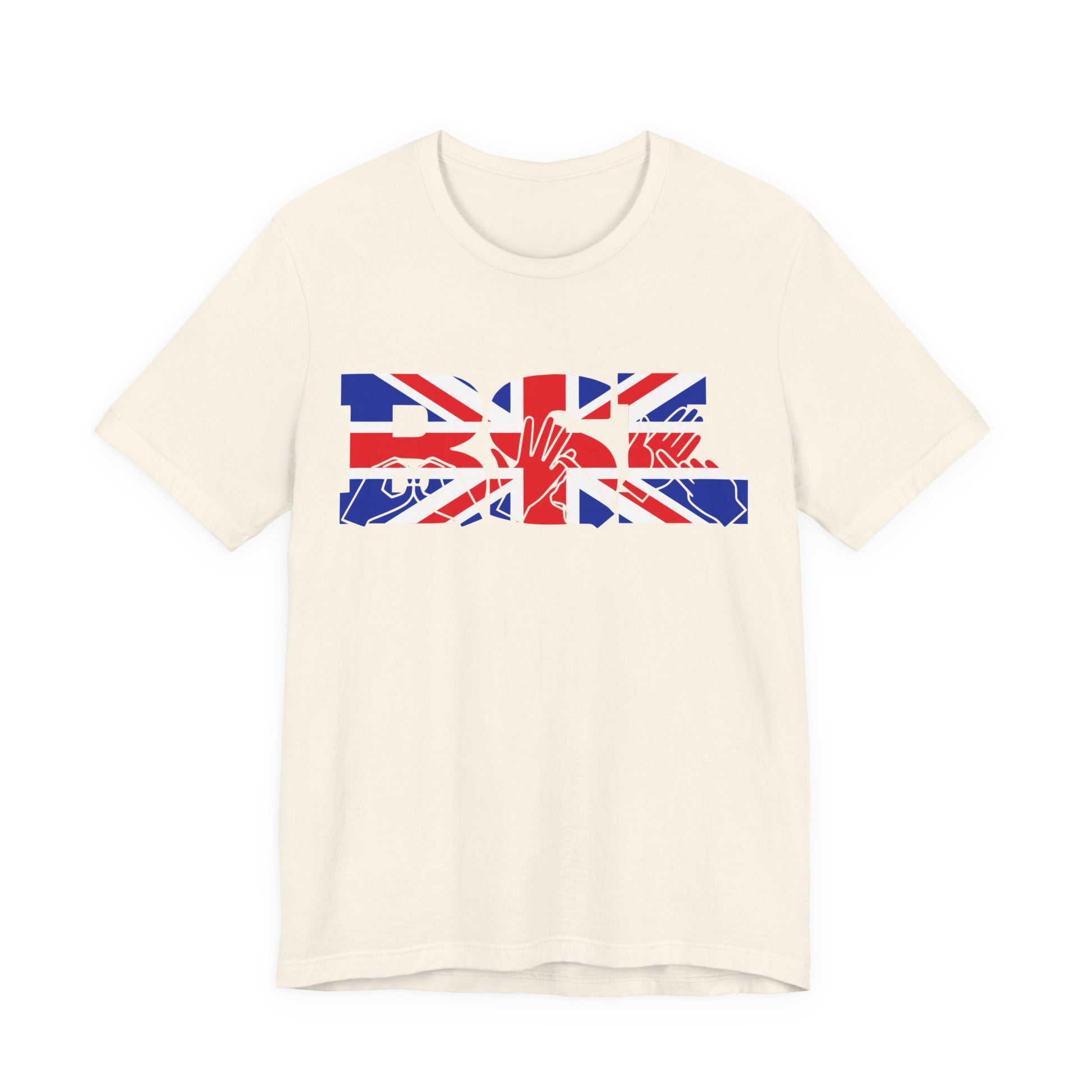 Natural t-shirt with ‘BSL’ shown in British Sign Language fingerspelling and text, in red, white, and blue Union Flag colours