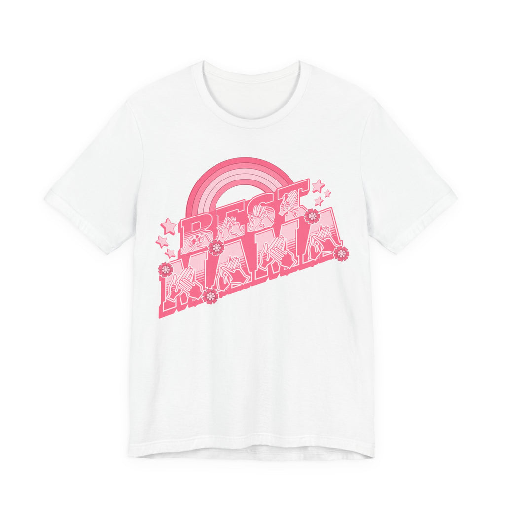 White T-shirt with ‘Best Mama’ shown in BSL fingerspelling and text, with rainbow, stars, and floral accents