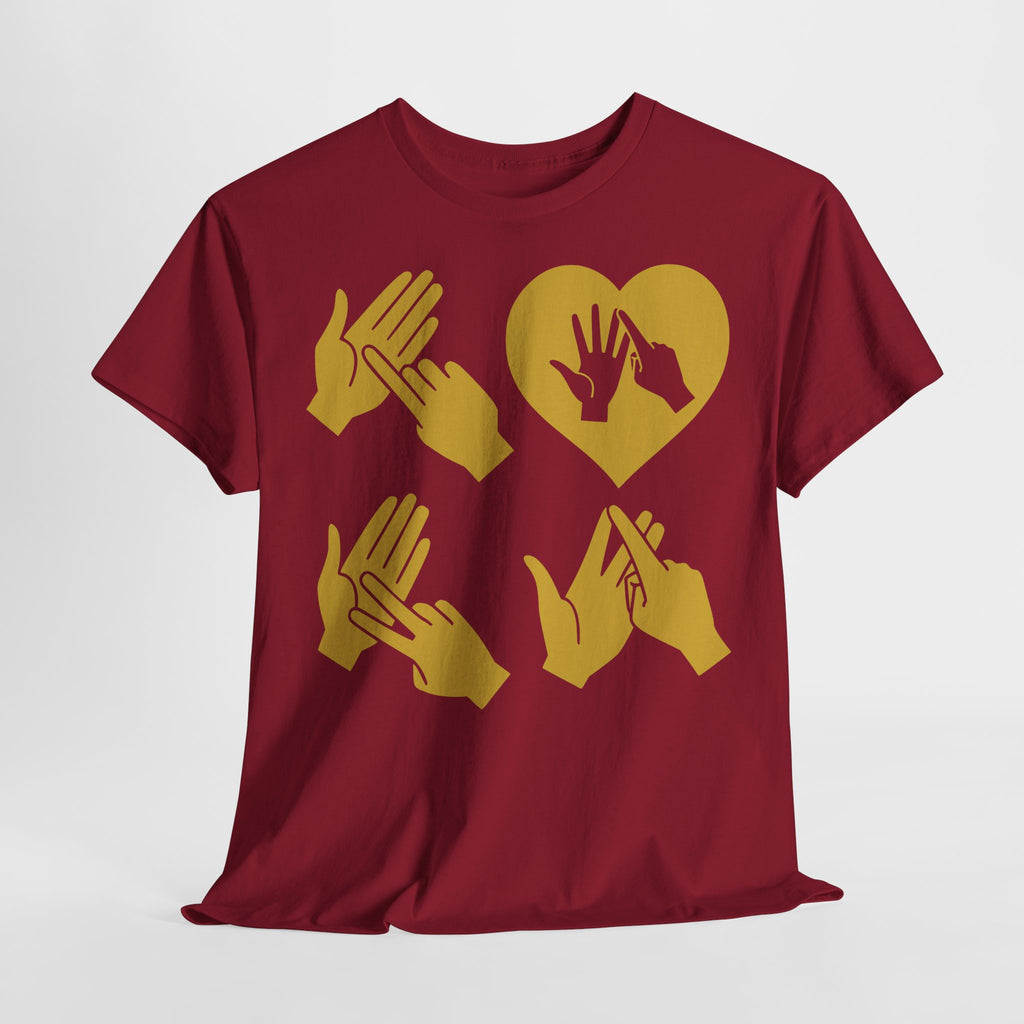 Front view of a cardinal red T-Shirt with the word Love in gold BSL Fingerspelling with the 'O' embedded in a heart shape  on a light grey background