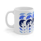 White mug featuring the phrase Coffee written in BSL Fingerspelling and Text wrapping around the mug in blue cutaway design. The mug handle is on the left hand side of the mug.