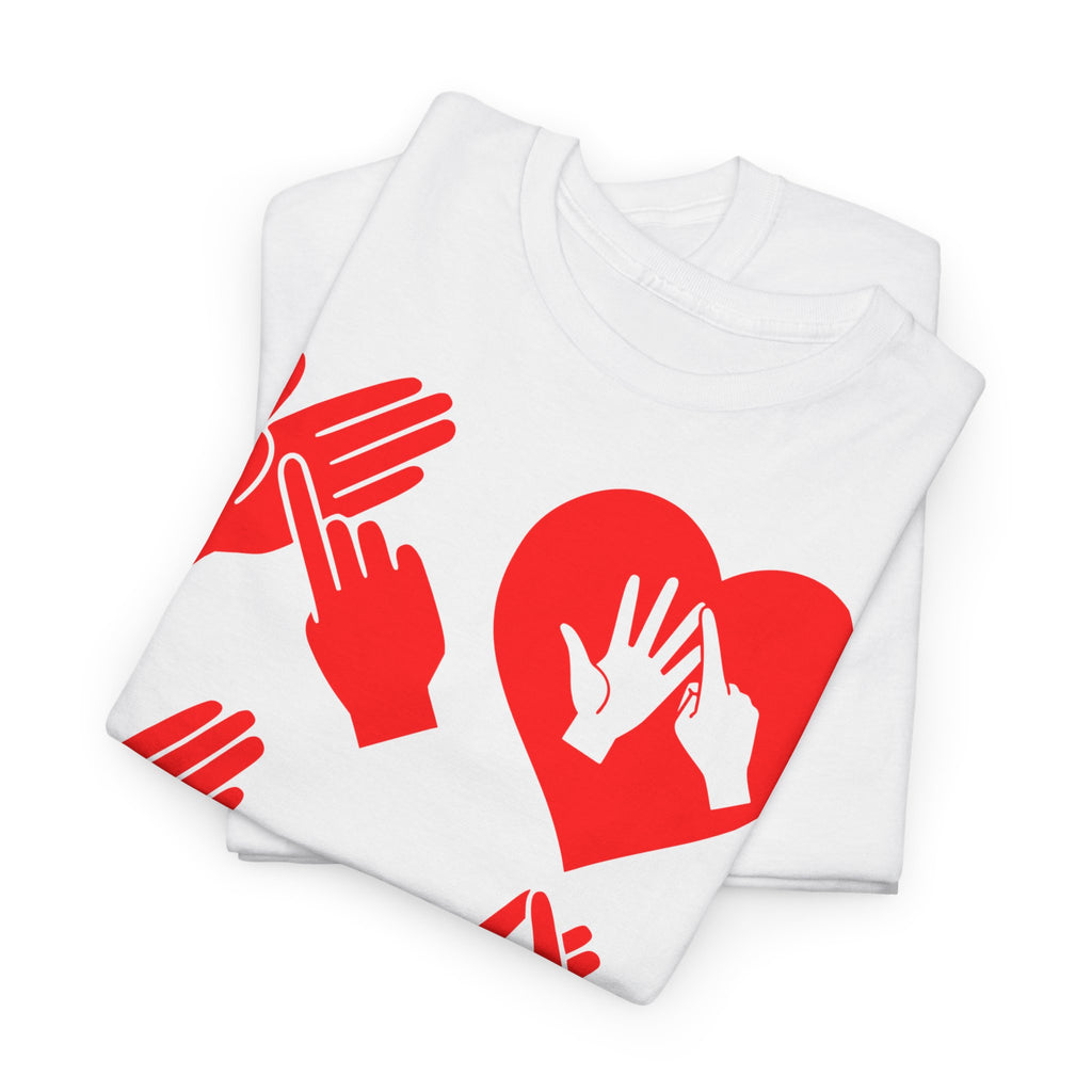 Folded white T-Shirt with the word Love in red BSL Fingerspelling with the 'O' embedded in a heart shape