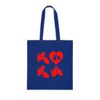 Royal blue Tote Bag with the word Love in red BSL Fingerspelling with the 'O' embedded in a heart shape
