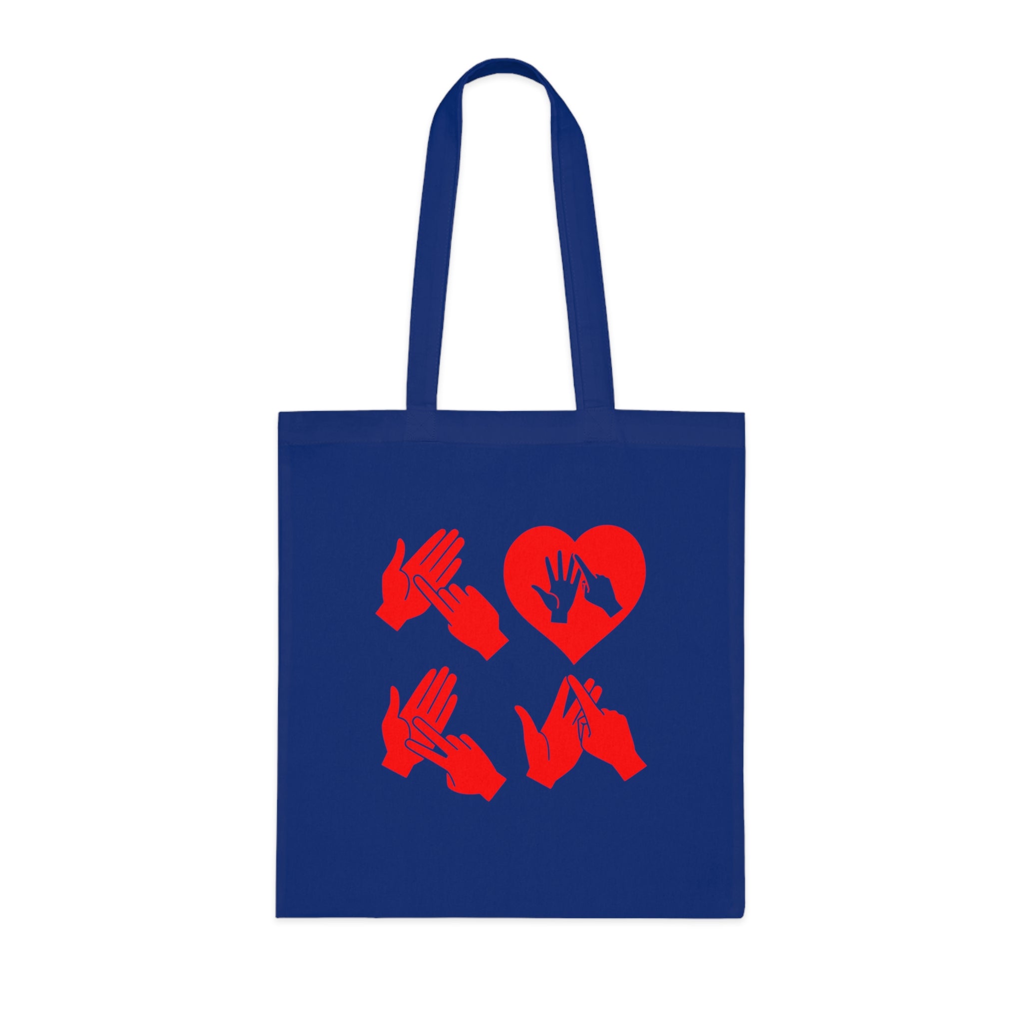 Royal blue Tote Bag with the word Love in red BSL Fingerspelling with the 'O' embedded in a heart shape