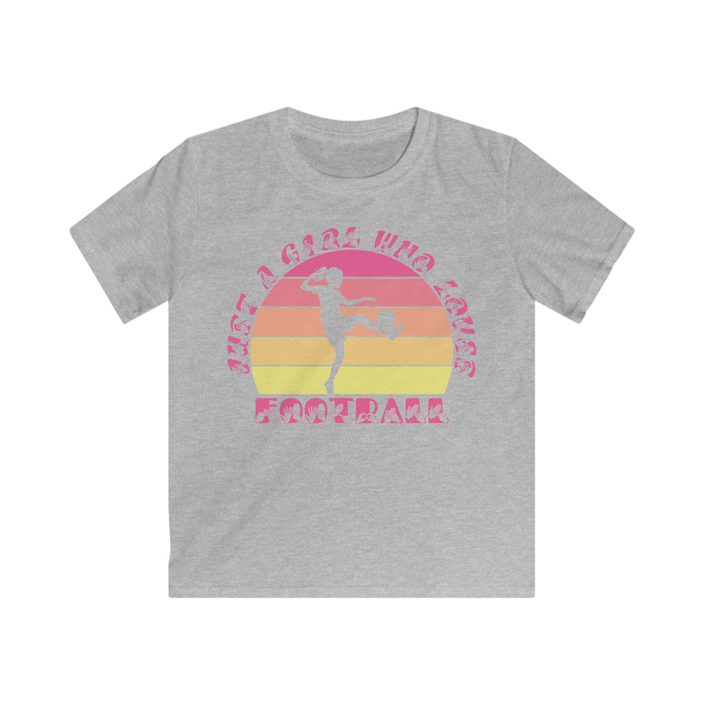 Sport grey t-shirt with the phrase "Just a Girl Who Loves Football" in BSL Fingerspelling and text featuring a colourful retro sunset and a silhouette of a boy kicking a football.