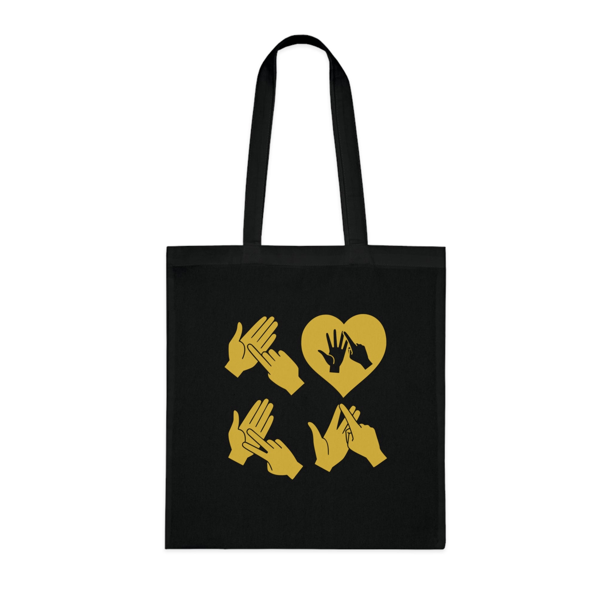 Black Tote Bag with the word Love in gold BSL Fingerspelling with the 'O' embedded in a heart shape