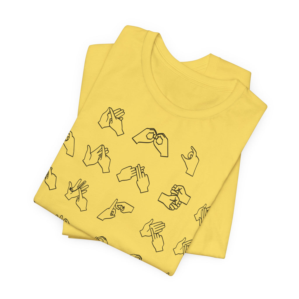 Folded maize yellow t-shirt with BSL Alphabet - Black Fingerspelling