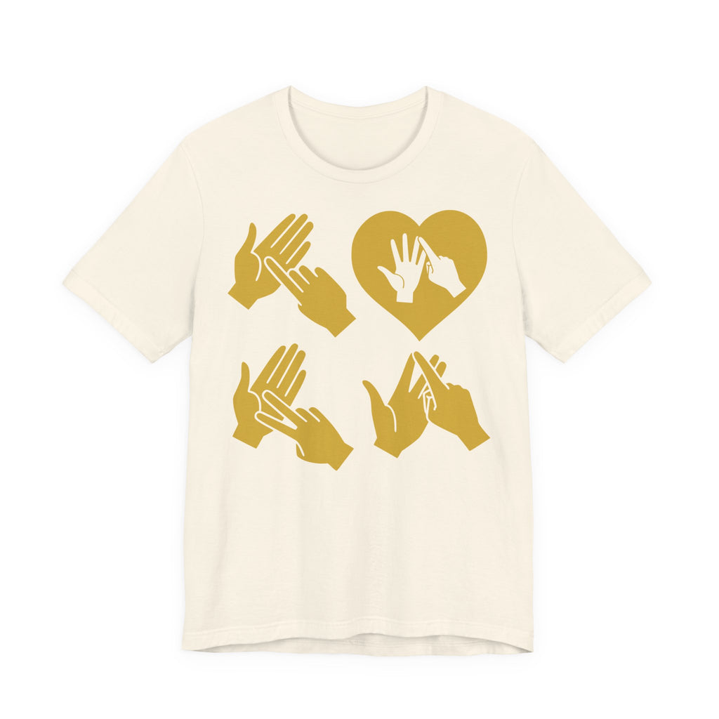 Front view of a natural T-Shirt with the word Love in gold BSL Fingerspelling with the 'O' embedded in a heart shape