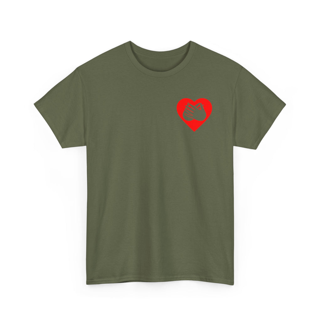 Front view of a military green T-Shirt showing a red coloured heart and the iconic BSL Love sign embedded in it on the left side of the chest