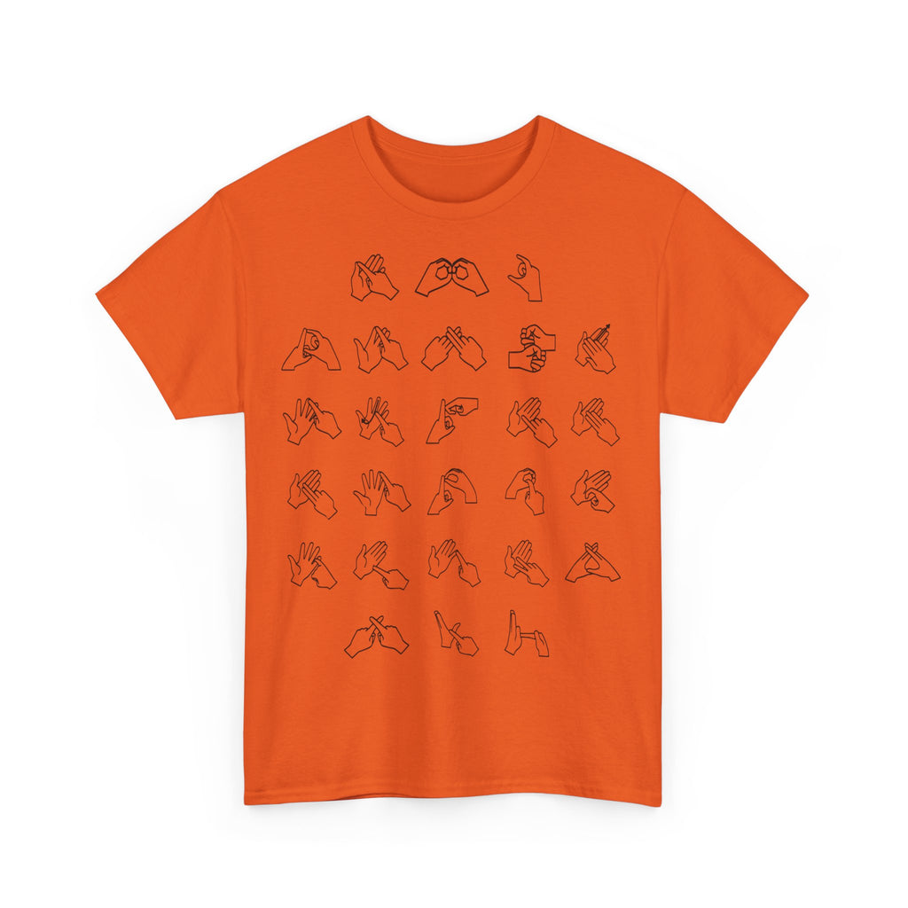 Front view of a orange t-shirt with BSL Alphabet - Black Fingerspelling