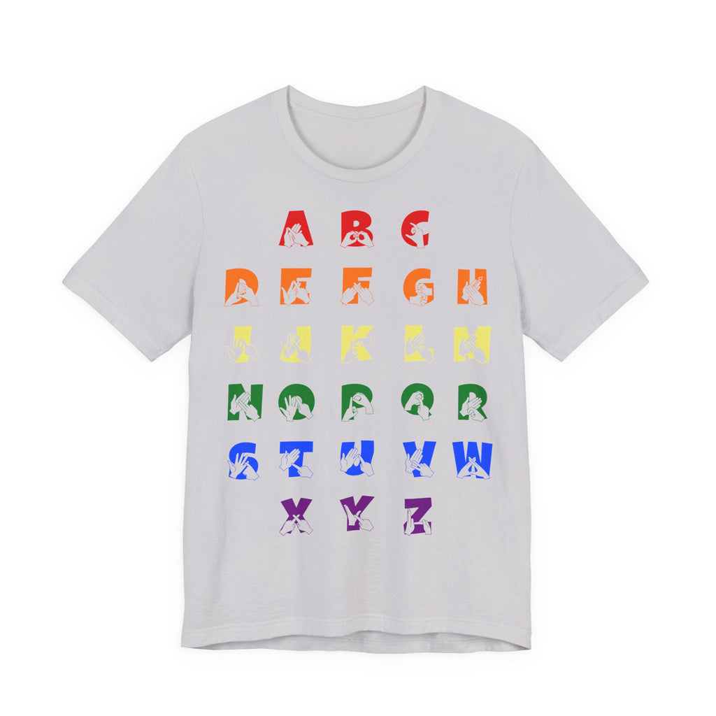 Front view of a lavender dust t-shirt with BSL Alphabet - Pride Fingerspelling & Text