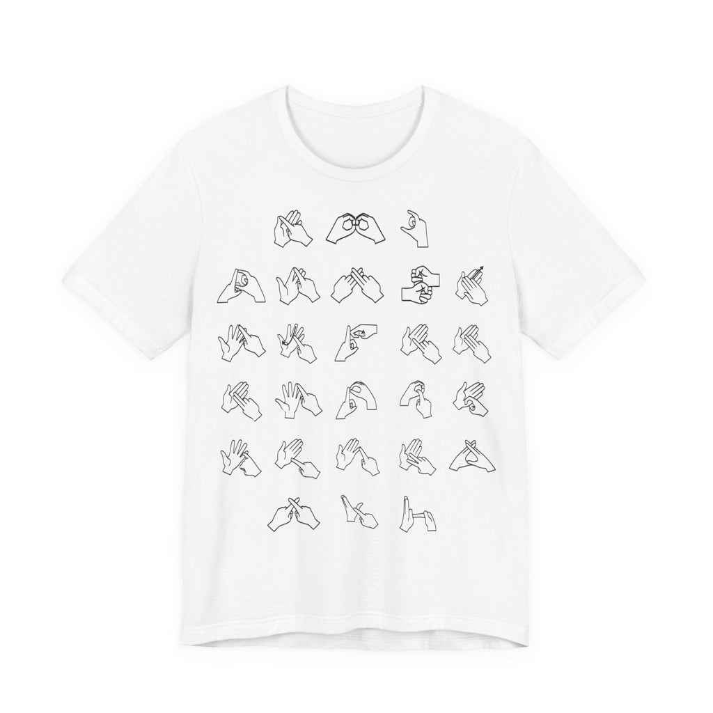 Front view of a white t-shirt with BSL Alphabet - Black Fingerspelling