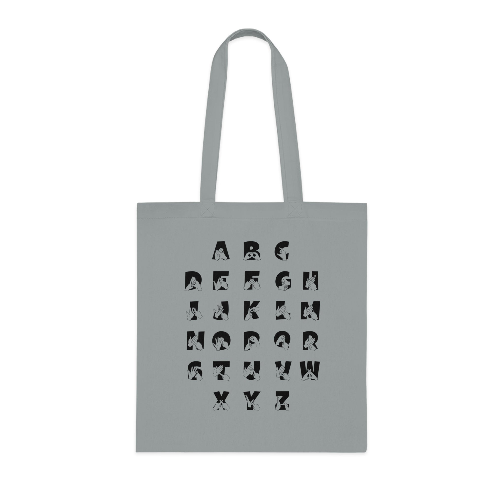 Grey Tote Bag with BSL Alphabet - Black Fingerspelling & Text