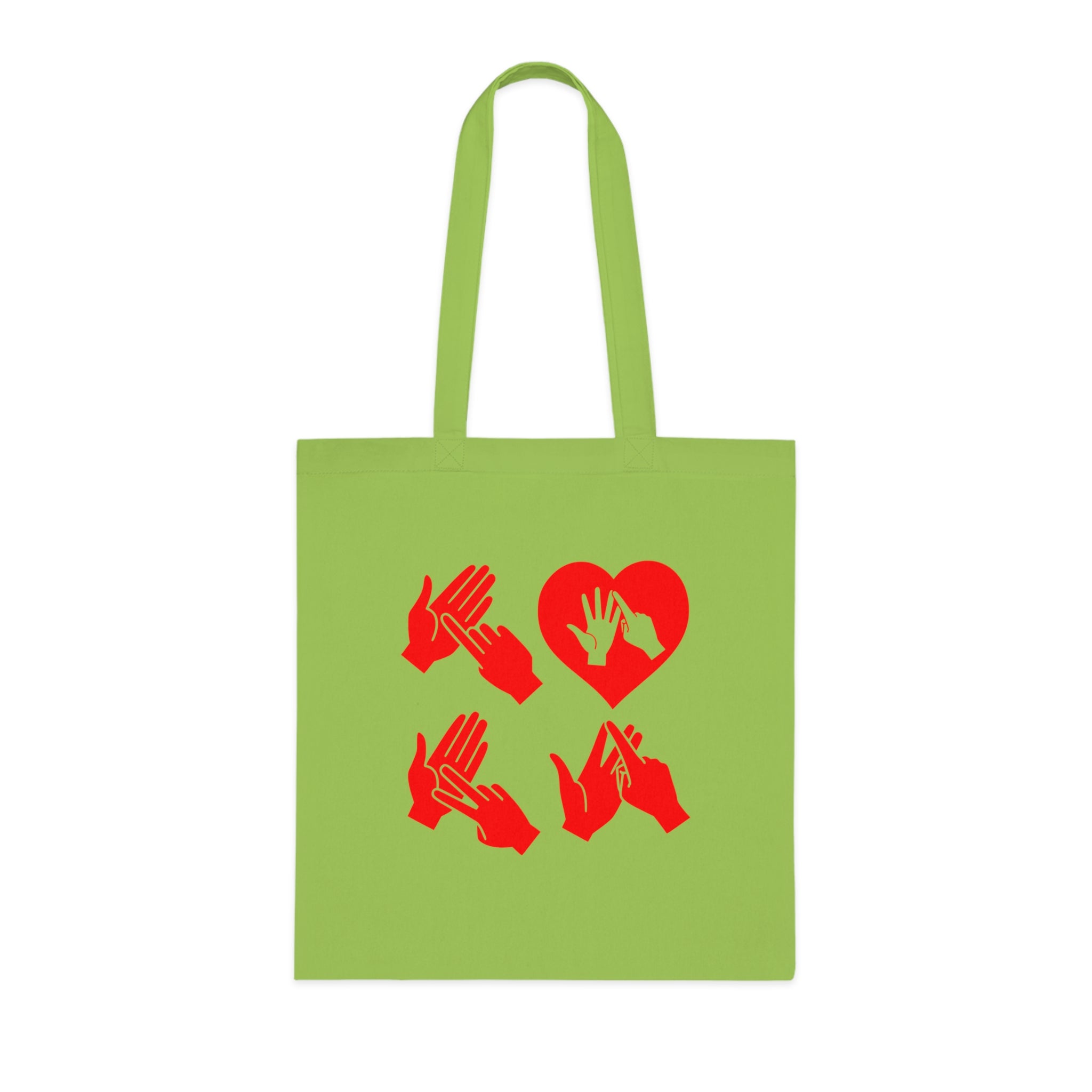 Lime Tote Bag with the word Love in red BSL Fingerspelling with the 'O' embedded in a heart shape