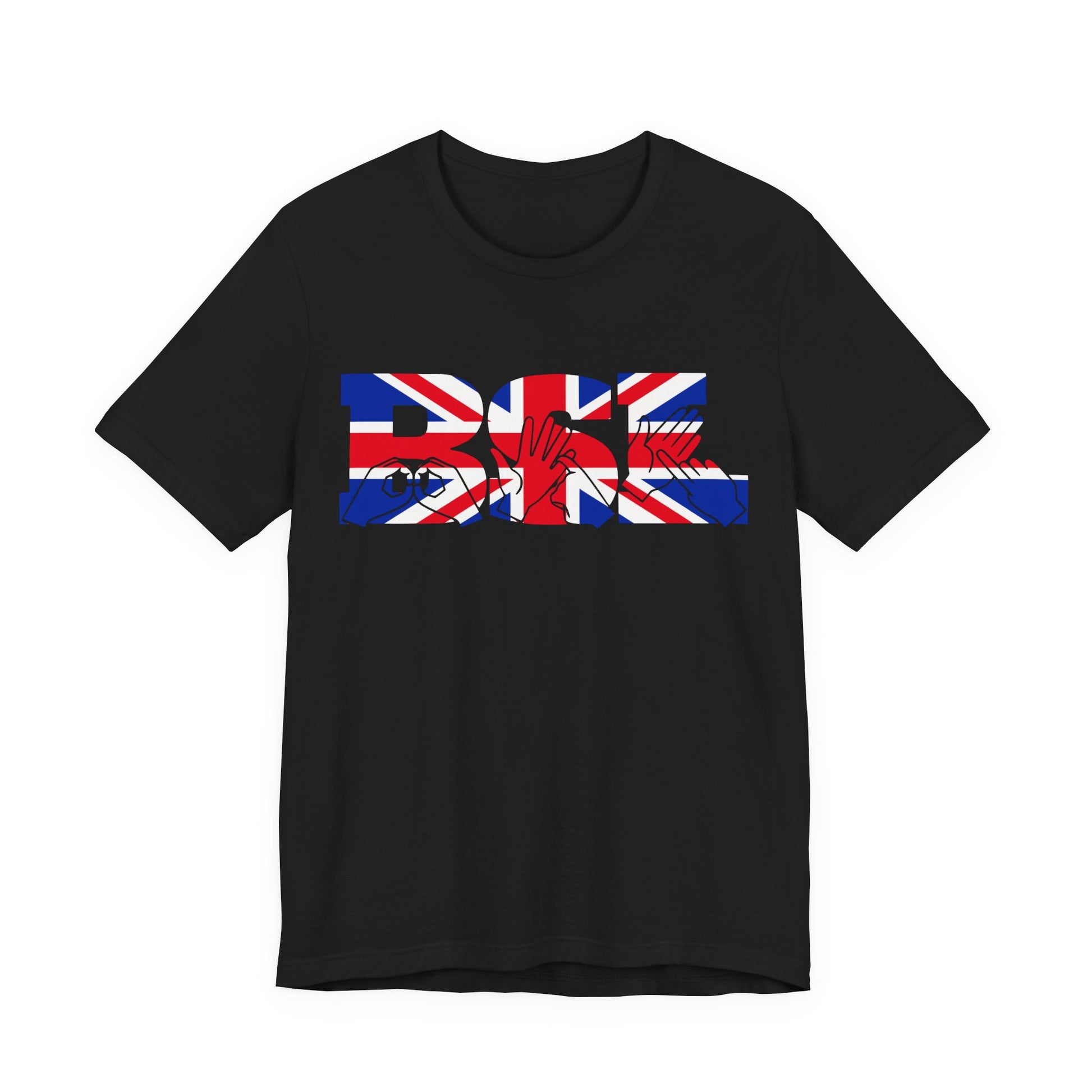 Black t-shirt with ‘BSL’ shown in British Sign Language fingerspelling and text, in red, white, and blue Union Flag colours
