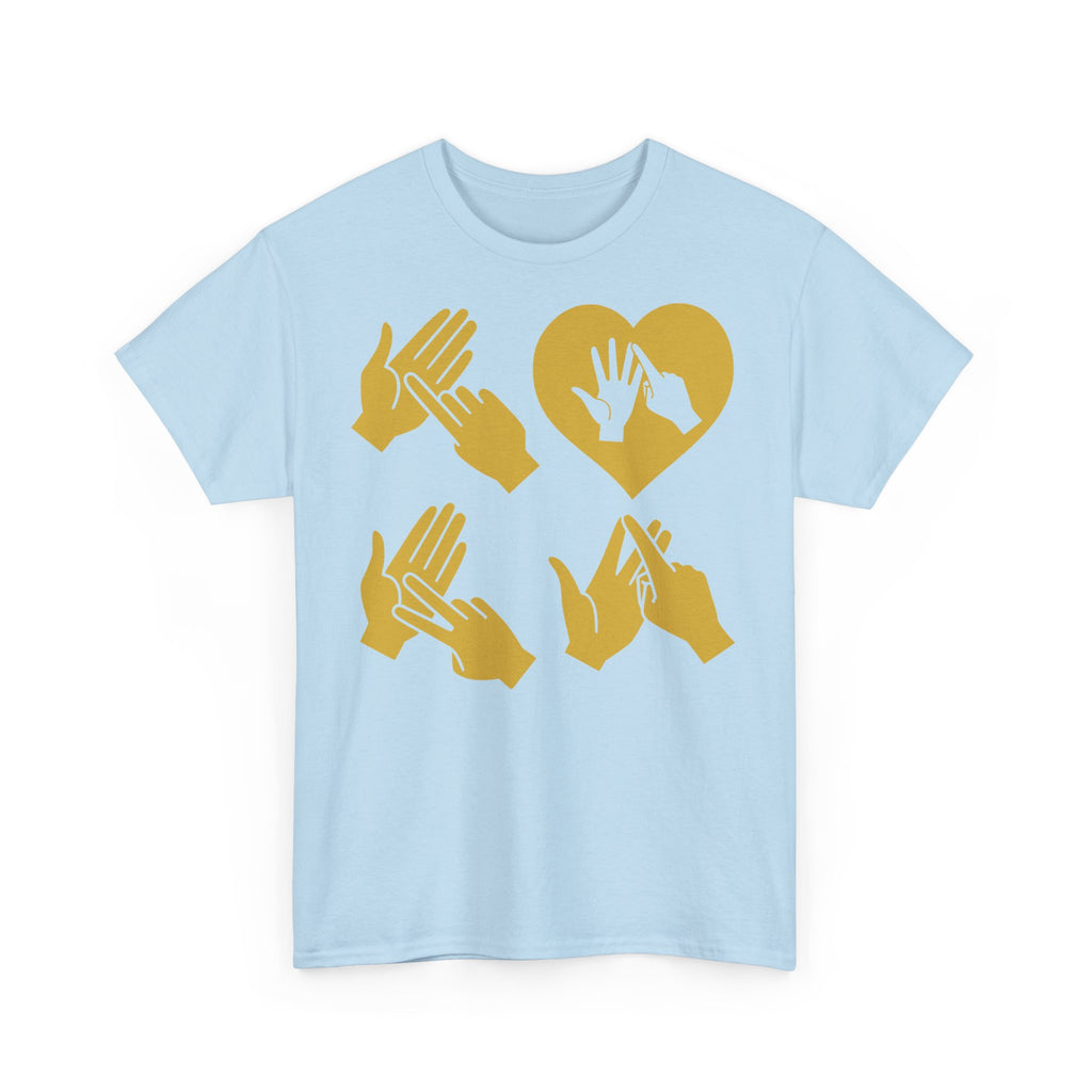 Front view of a light blue T-Shirt with the word Love in gold BSL Fingerspelling with the 'O' embedded in a heart shape