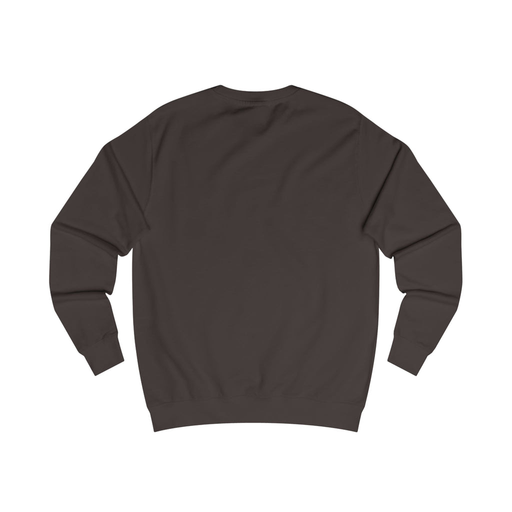 Back view of a hot chocolate sweatshirt with BSL Alphabet - White Fingerspelling & Text