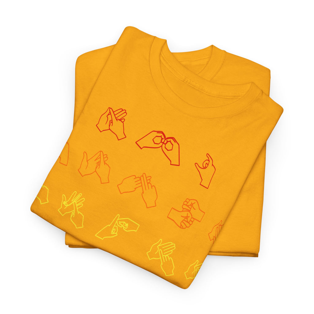 Folded gold t-shirt with BSL Alphabet - Pride Fingerspelling