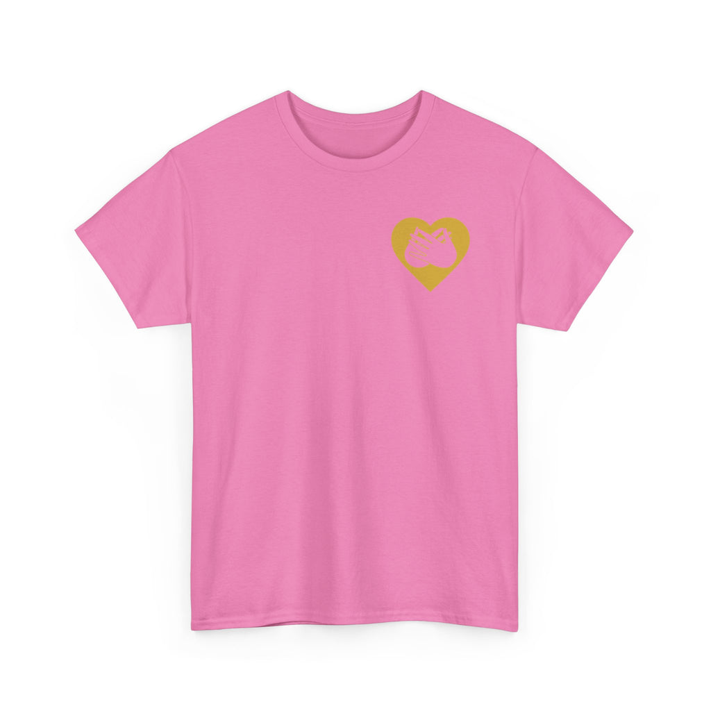Front view of a azalea T-Shirt showing a gold coloured heart and the iconic BSL Love sign embedded in it on the left side of the chest