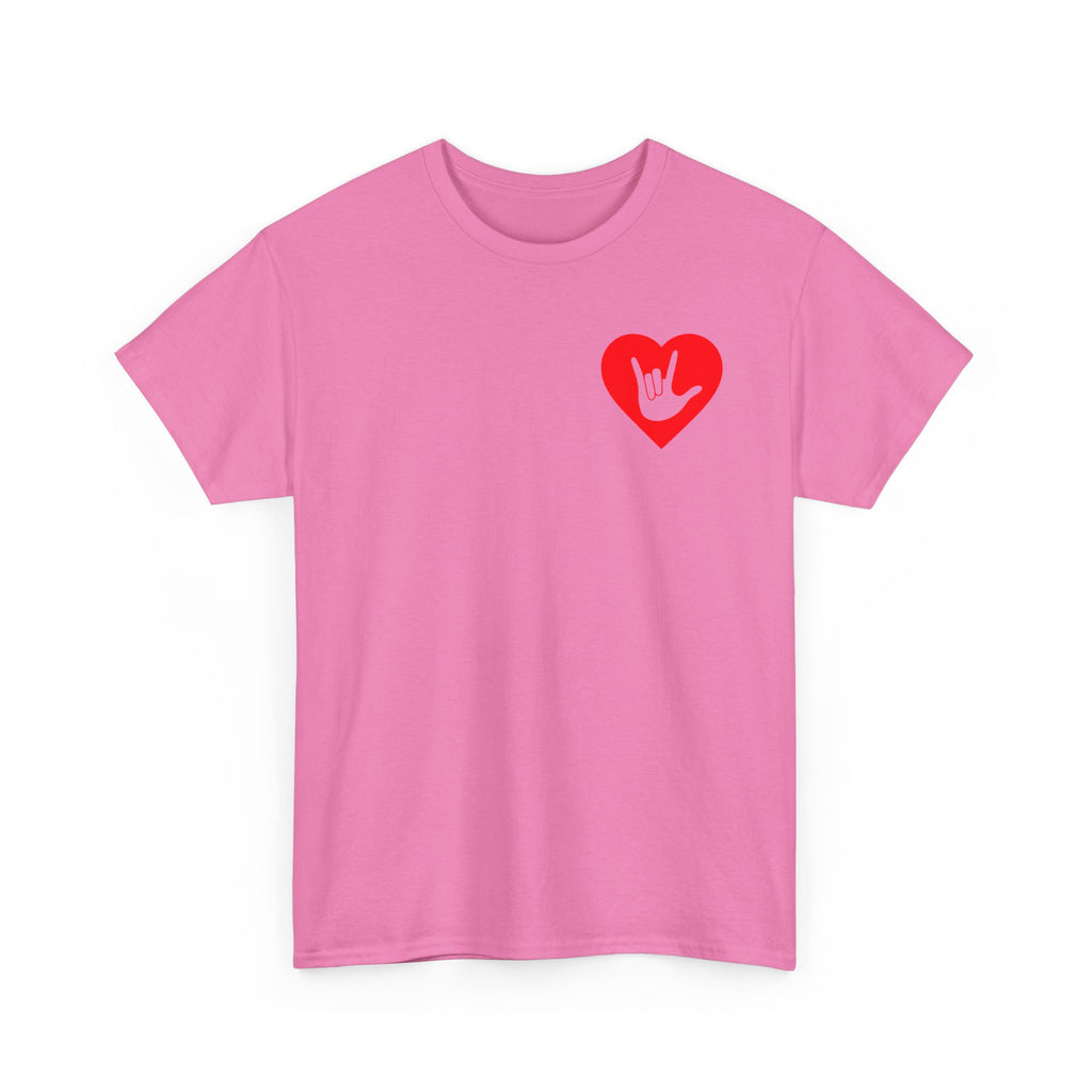 Front view of a azalea T-Shirt showing a red coloured heart and the iconic ASL I Love You sign embedded in it on the left side of the chest