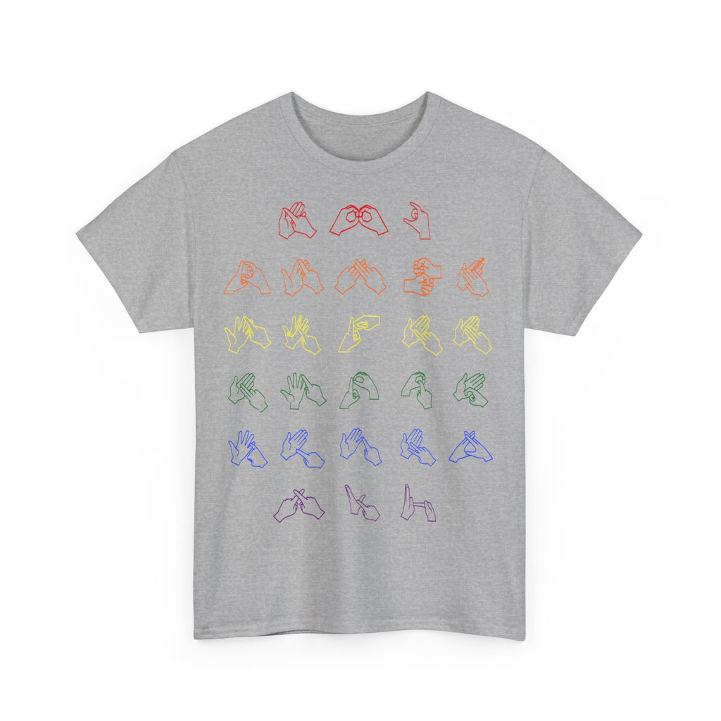 Front view of a sport grey t-shirt with BSL Alphabet - Pride Fingerspelling