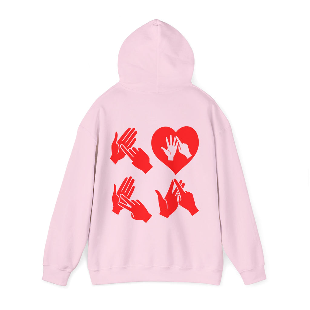 Back view of a light pink hoodie with the word Love in red BSL Fingerspelling with the 'O' embedded in a heart shape