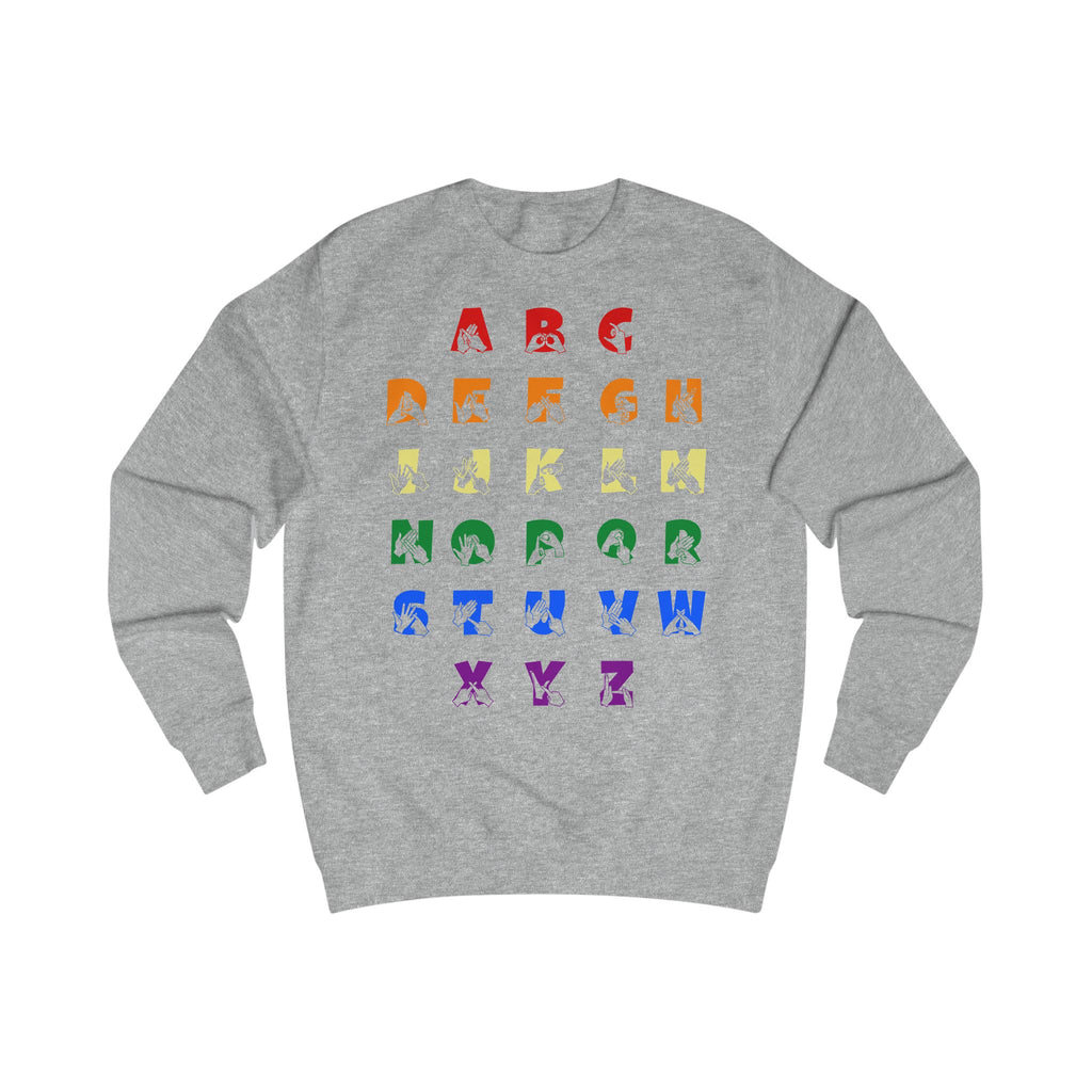Front view of a heather grey sweatshirt with BSL Alphabet - Pride Fingerspelling & Text