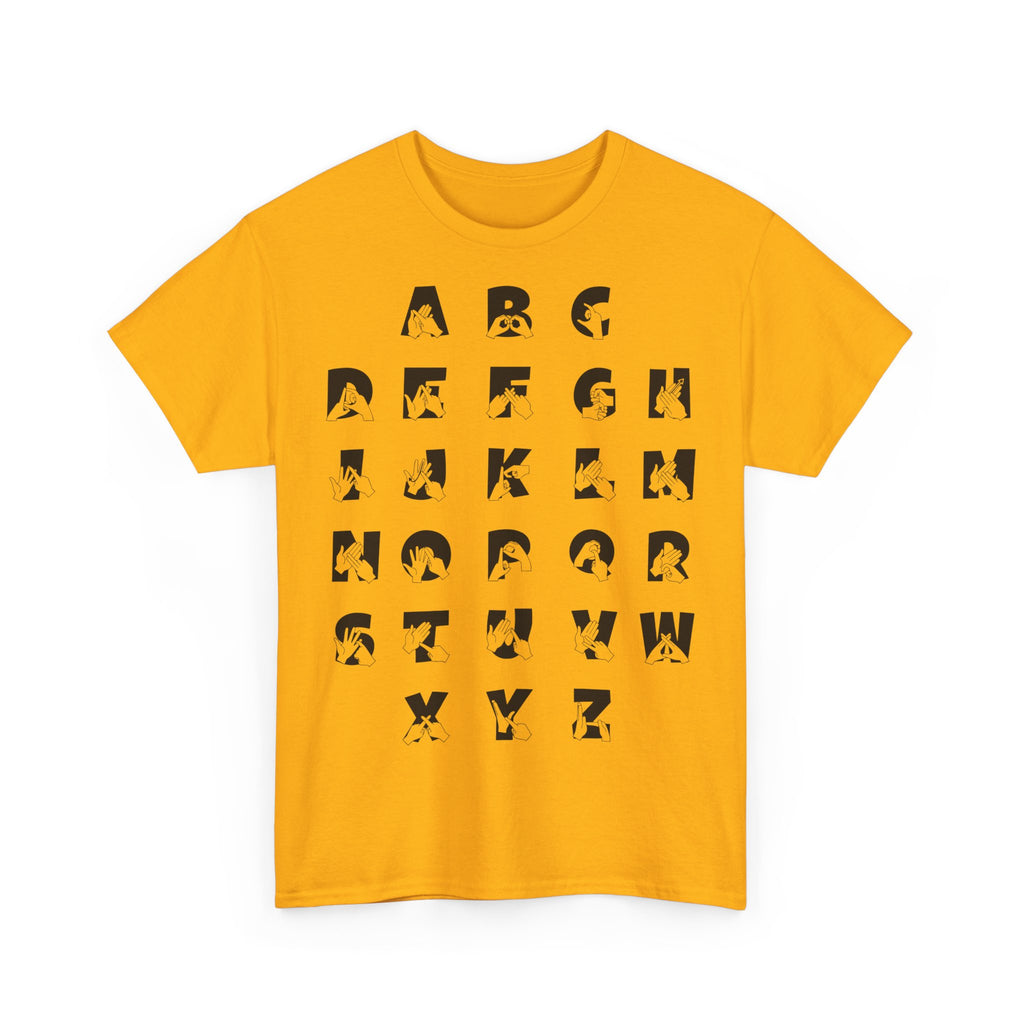 Front view of a orange t-shirt with BSL Alphabet - Black Fingerspelling