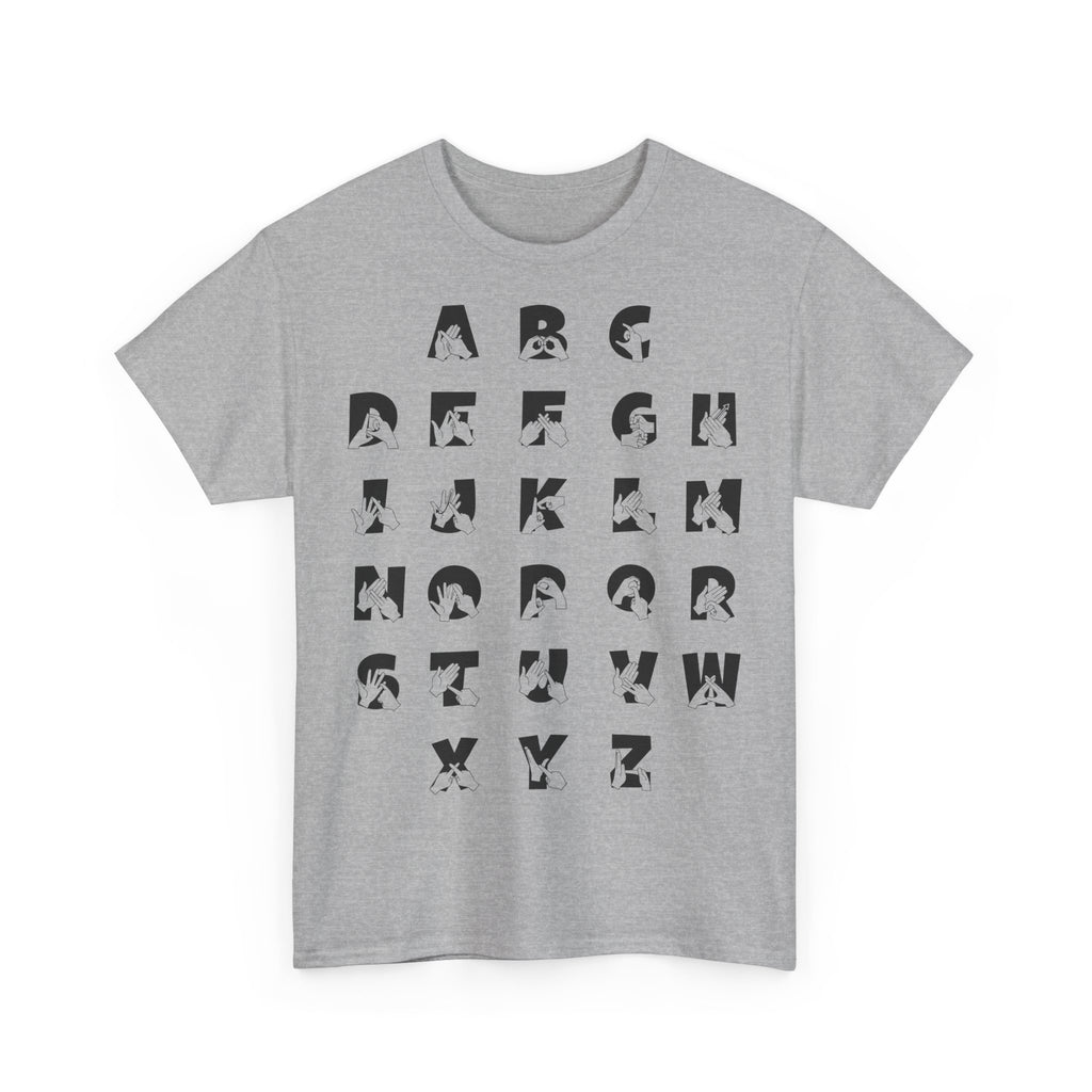 Front view of a sport grey t-shirt with BSL Alphabet - Black Fingerspelling