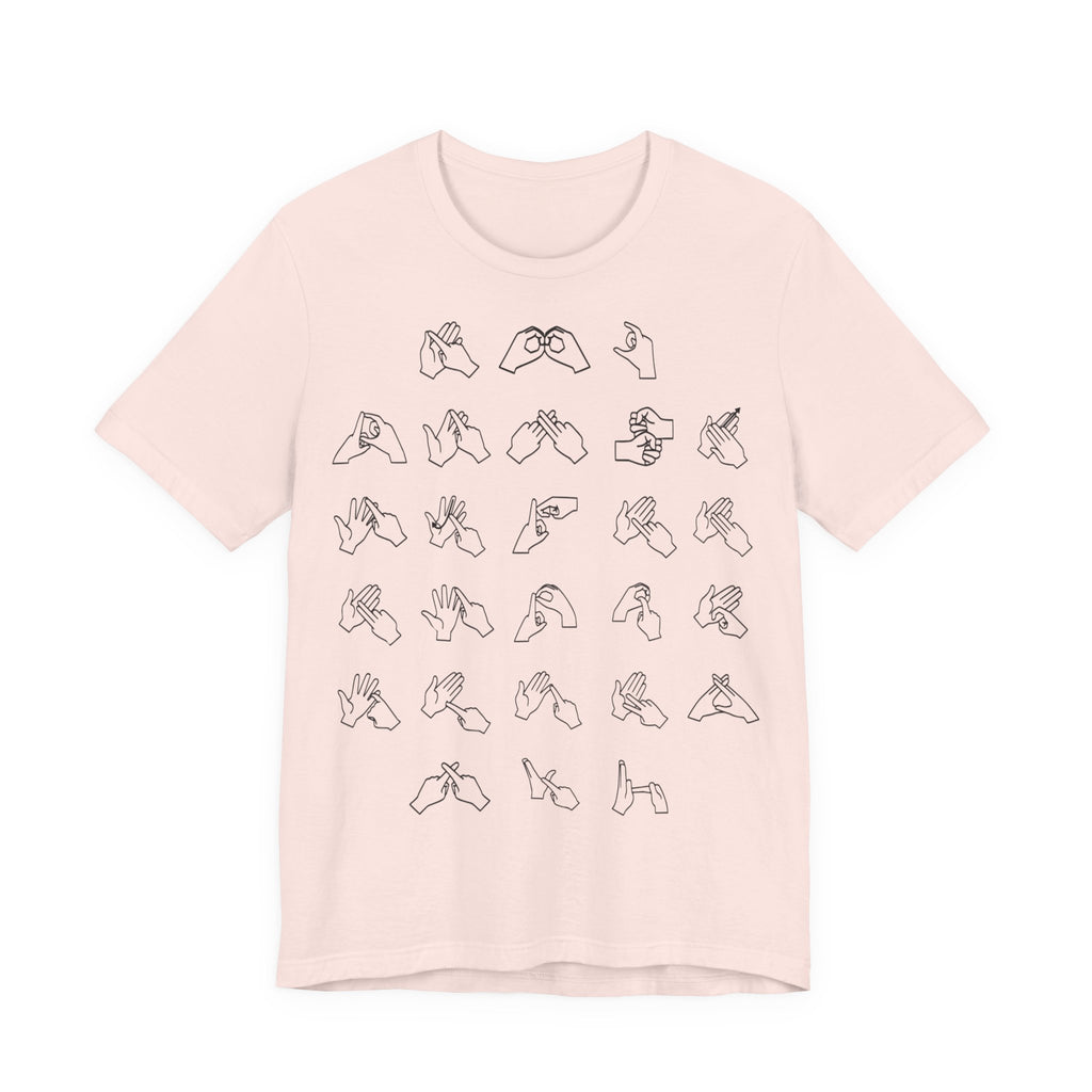 Front view of a soft pink t-shirt with BSL Alphabet - Black Fingerspelling
