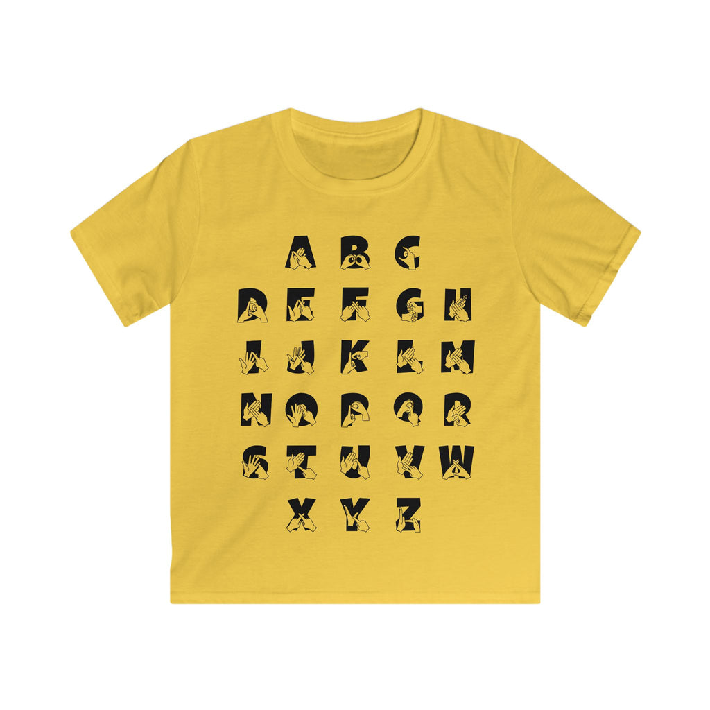 Front view of a daisy t-shirt with BSL Alphabet - Black Fingerspelling & Text