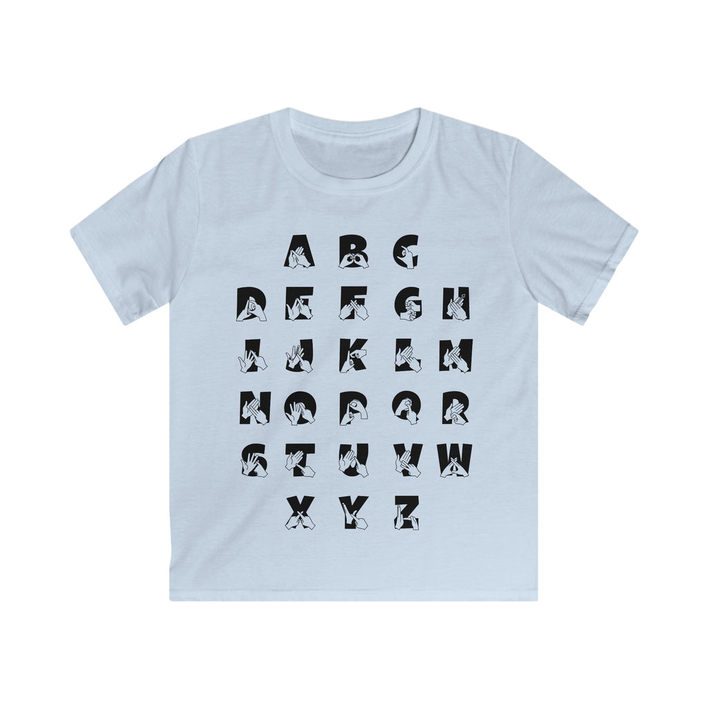 Front view of a light blue t-shirt with BSL Alphabet - Black Fingerspelling & Text