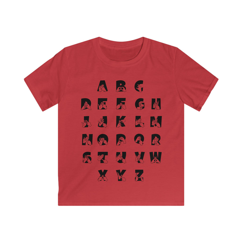 Front view of a red t-shirt with BSL Alphabet - Black Fingerspelling & Text